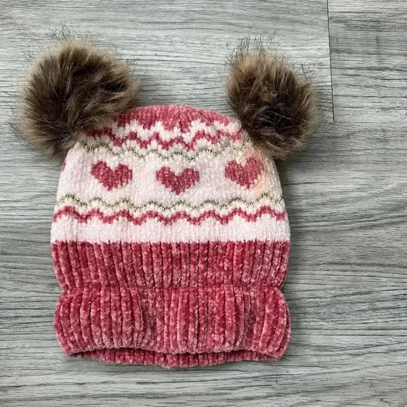 Tobys Pink and‎ White Winter Hat with Brown 