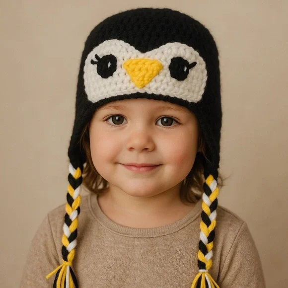 Handmade Crochet Penguin Earflap Hat Baby & Toddler Sizes Holiday Gift‎