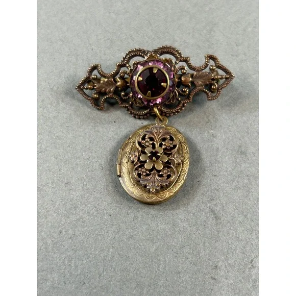 Liz Palacios SF Vintage Style Brass Locket Brooch Purple Red Crystal Pin