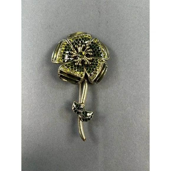 Vintage Style Green Rhinestone Flower Brooch Gold Tone Enamel Floral Pin 3.25