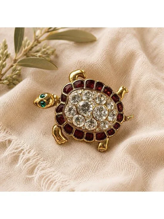 Vintage Turtle Brooch Gold Tone Sea Life Rhinestone Pin Coastal Jewelry Fashion
