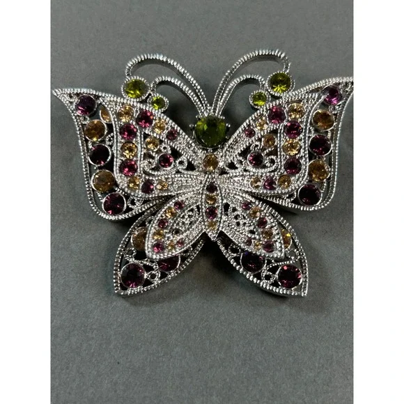 Vintage Style Silver Tone Butterfly Brooch Purple Amber Green Rhinestone Pin