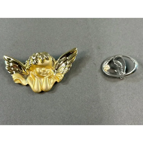 Vintage Angel Cherub Brooch Gold Tone & Virgin Mary Pin Silver Tone Pearl Set