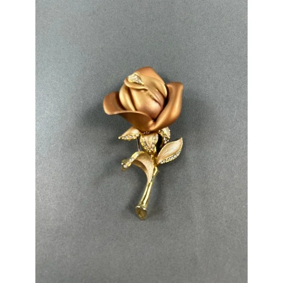 Vintage Gold Tone Matte Satin Rose Flower Brooch Rhinestone Accent Floral Pin