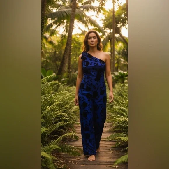 New-14 Kate Spade Blue floral Print Classic wideleg one shoulder  jumpsuit