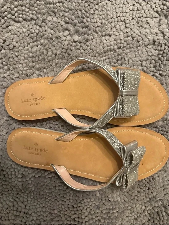 kate spade Silver Glitter Bow Flip Flop Sandals