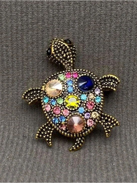 Turtle Brooch With Multicolored Rhinestone, 100% Intact