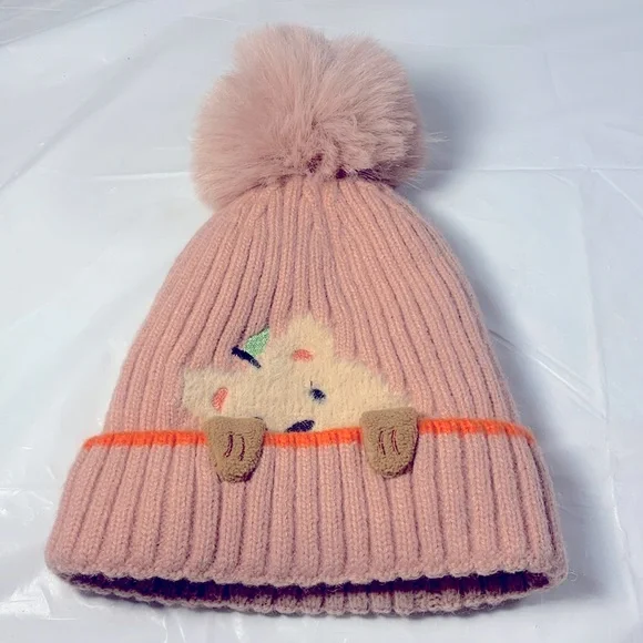 Kids Cute Kitten Blush Pink 3 D Knit Pom Pom Winter Beanie