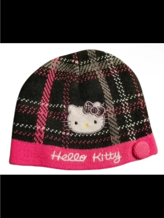 Hello Kitty Black Pink Plaid Knit Beanie Hat