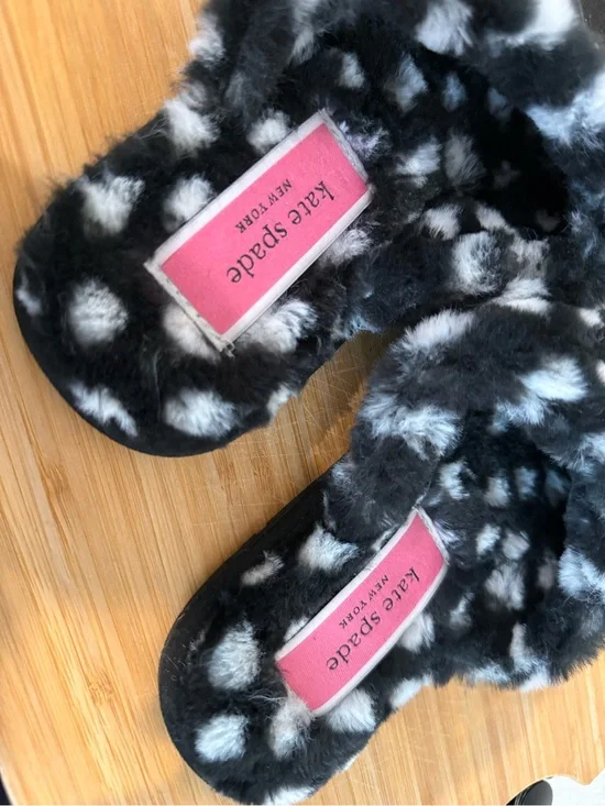 kate spade Black and White Polka Dot Faux  Fur Slip-On Slippers