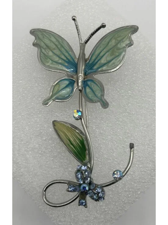 Vintage Cold Enamel Mesh Butterfly Brooch AB Rhinestone Bow Rhodium Plated 1950s