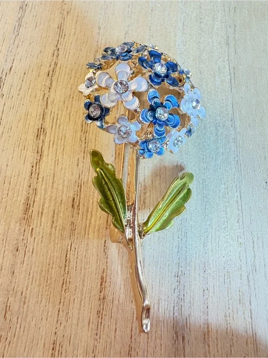 Floral Crystal Cluster Brooch - Blue, White & Green Enamel
