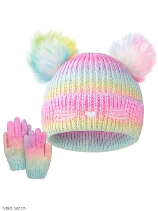 Cat Embroidery Knit Beanie and Gloves Set with Pompoms