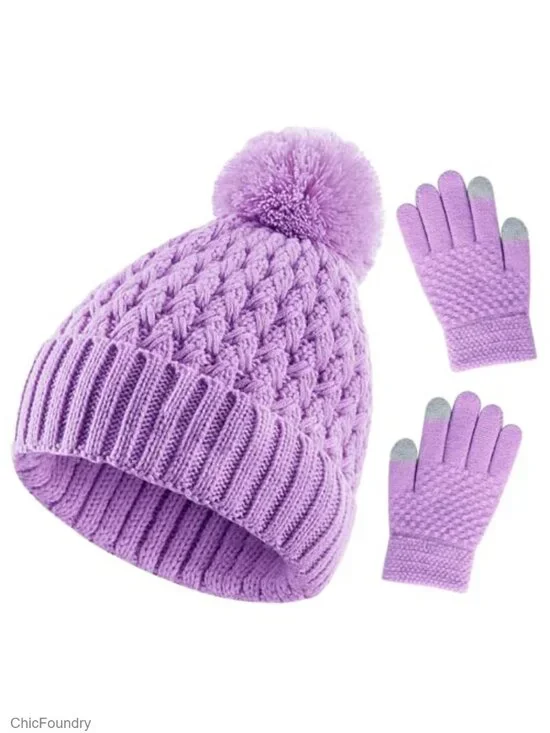Kids Knit Beanie Hat and Gloves Set with Pom Pom - Touchscreen Compatible