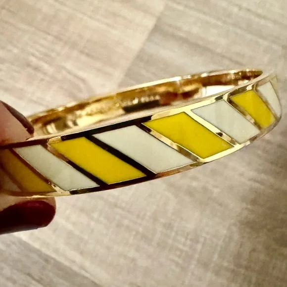 Kate Spade Yellow and Cream Enamel Diagonal Stripe Bangle Bracelet