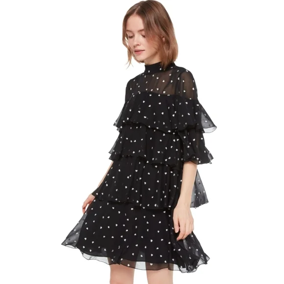 Kate‎ Spade Black Chiffon Heart Print Dress Size 2