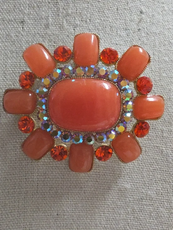 Vintage Oval Orange Cabochon Rhinestone and Aurora Borealis Brooch
