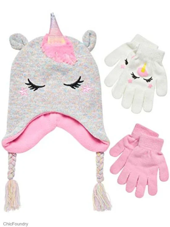 Girls Winter Hat and 2 Pair Gloves Mittens Set Toddler Little