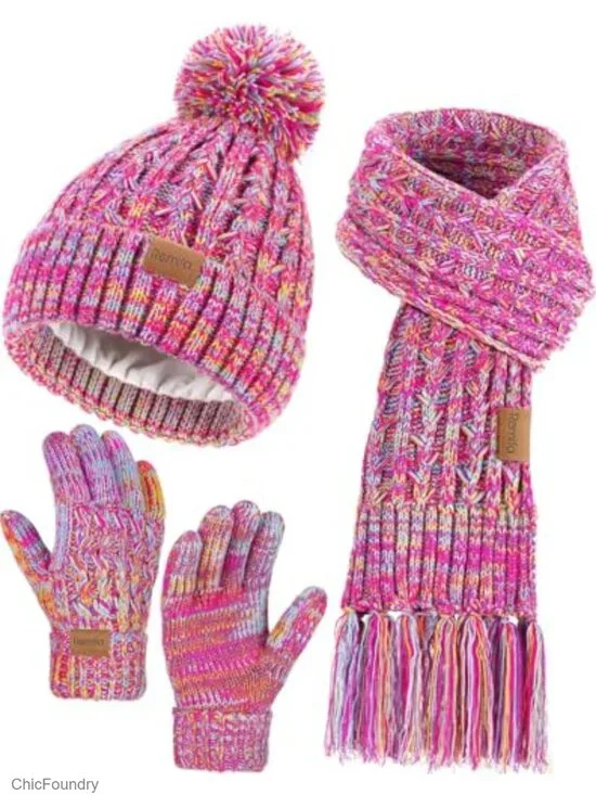 Kids Winter Hat Gloves Scarf Set with Fleece Lined Pom Beanie Warmer Scarf