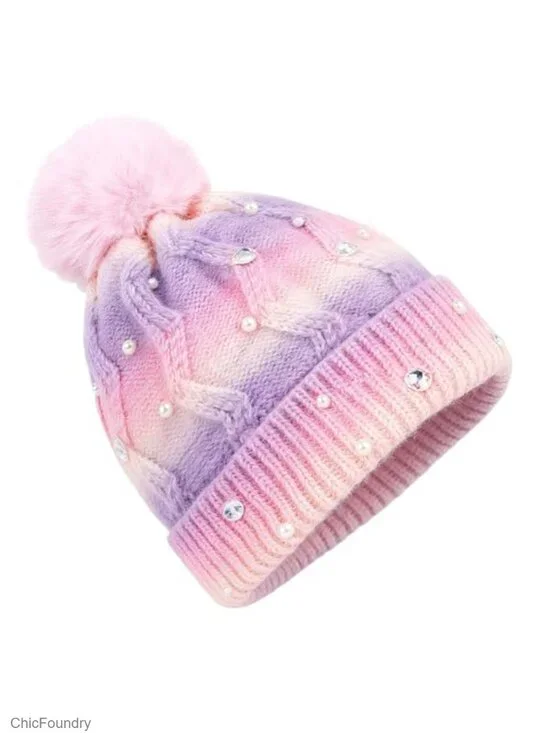 Toddler Girls Warm Beanie with Fleece Lining and Pom Pom