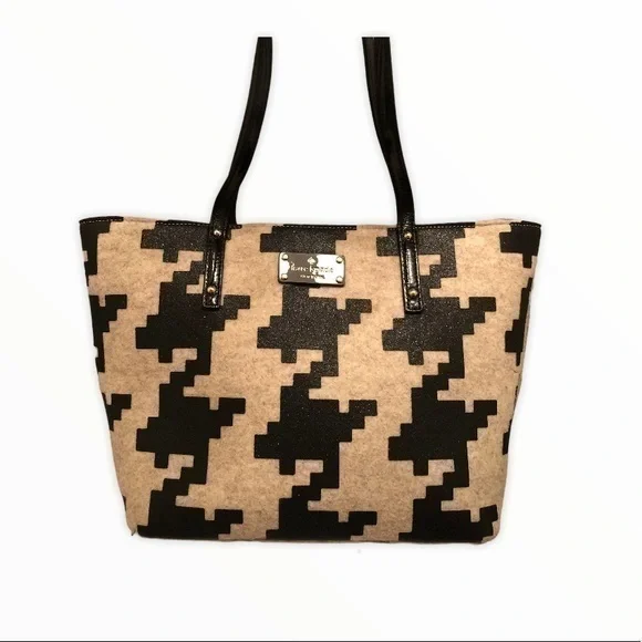 Kate spade houndstooth twinkle harmony wool tote bag in black dark beige