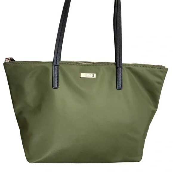 Kate spade olive green nylon black saffiano leather tote bag