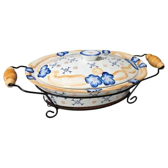 Temp-tations Provance Blue Morning Glory 3.5 Qt Oval Casserole Dish Lid Rack