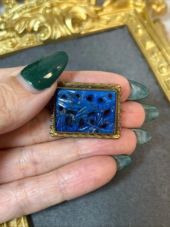 Vintage Blue Glass & Gold Tone Rectangular Pin Featuring a carved bird