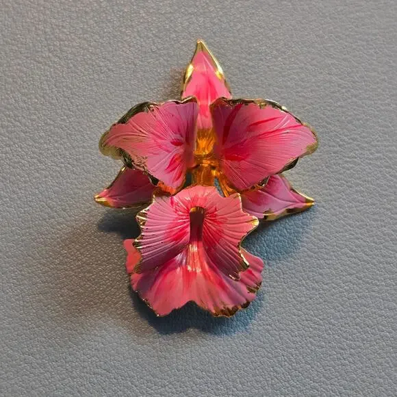 Vintage Cerrito 1982 Hand Painted Light Pink & Gold Orchid Flower Brooch Pin 2