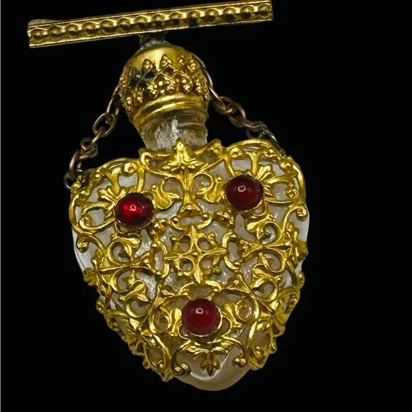 Vintage French Miniature Perfume Bottle Brooch Gold Gilt Ormolu