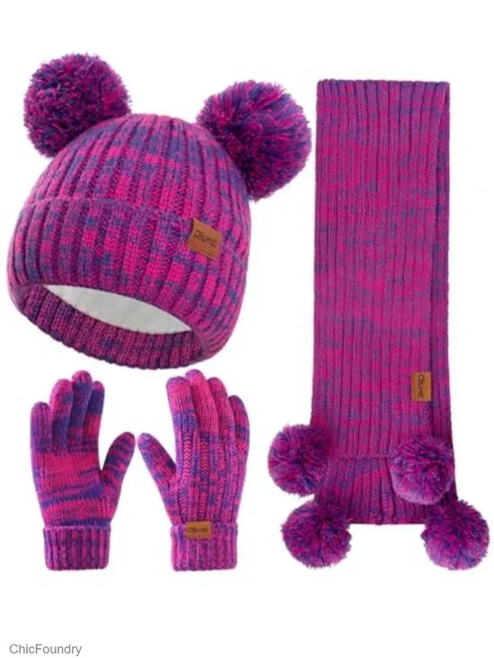 Knit Winter Hat Gloves Scarf Set for Kids, Fleece-Lined Mittens & Neck Warmer