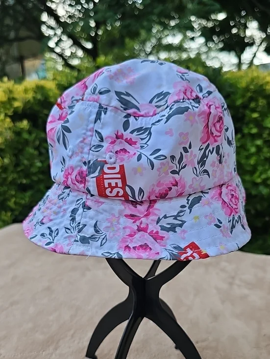 Kids Diesel White Bucket Hat with Pink Floral Print