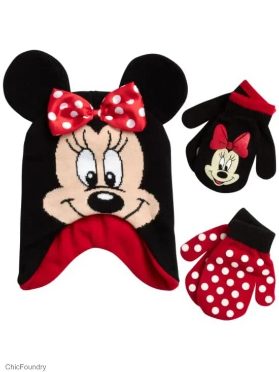 Kids Beanie Hat and Gloves Set 3D Bow Winter Cap 2 Pairs Mittens