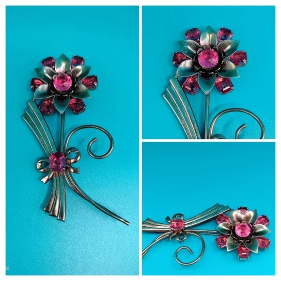 Vintage Oversized Sterling Silver & Pink Crystal Rhinestone Brooch 3