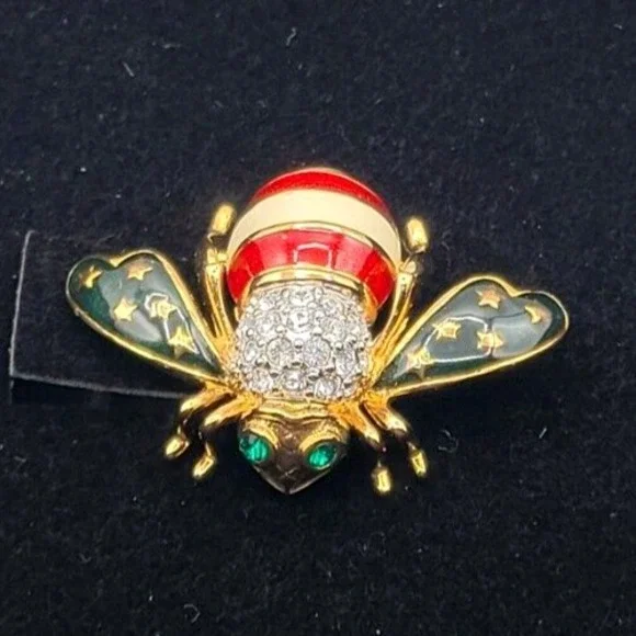 JOAN RIVERS PATRIOTIC‎ BEE RED WHITE BLUE ENAMEL BROOCH PIN WITH BOX