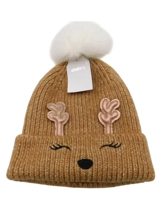 Claires Reindeer Knit Beanie With Pom-Pom Light Brown Antlers One Size