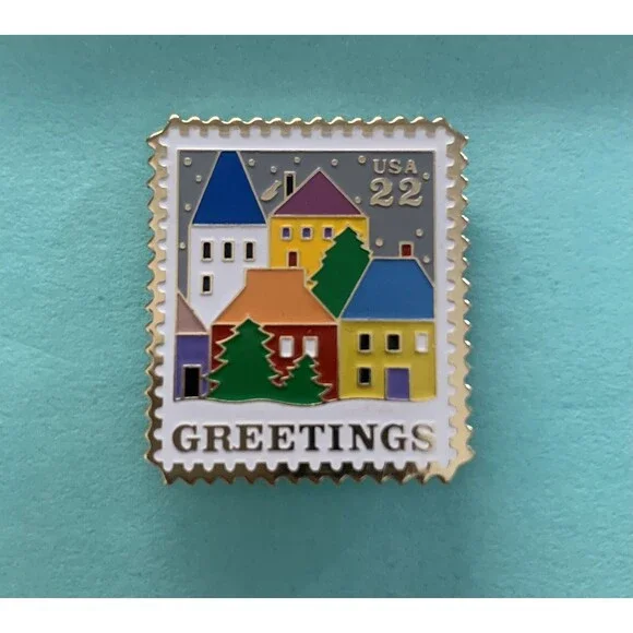 Greetings USA 22 Postage Stamp Snowy Village Houses Holiday Postal Pin