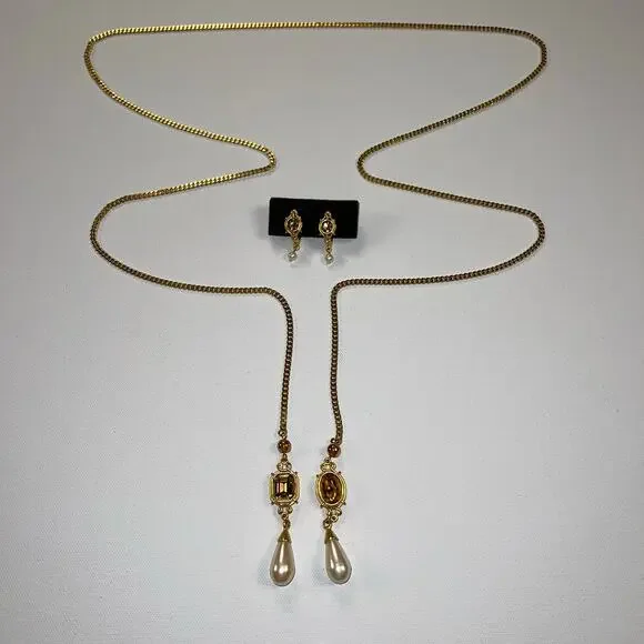 Vintage Gold Tone Lariat Necklace & Clip-On Earring Set Brown Stone Faux Pearl