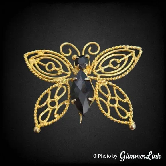 Vintage Butterfly Filigree Black Rhinestones Gold Tone Brooch Pin