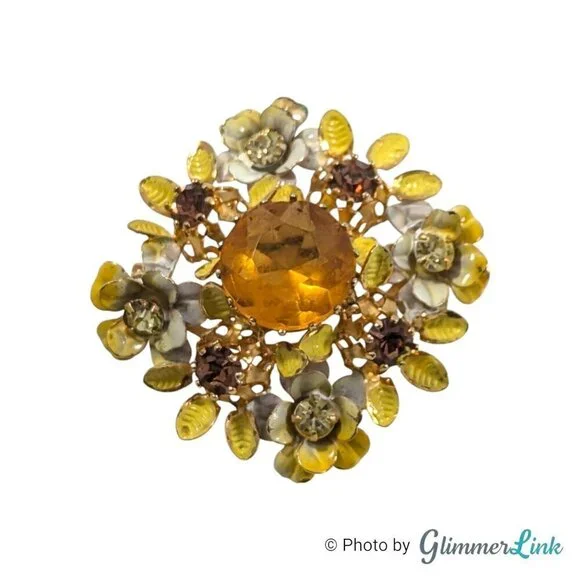 Vintage Austria Floral Yellow Enamel Orange Topaz Glass Crystal Gold Tone Brooch