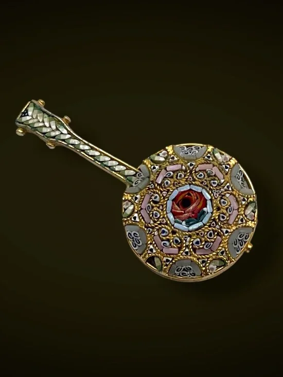 Vintage Italian Micro Mosaic Banjo Mandolin Brooch Pin Floral Glass Tesserae