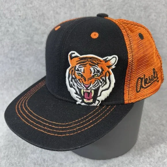 Aksels Tiger Patch Embroidered Black Orange Youth  Trucker  Hat Cap
