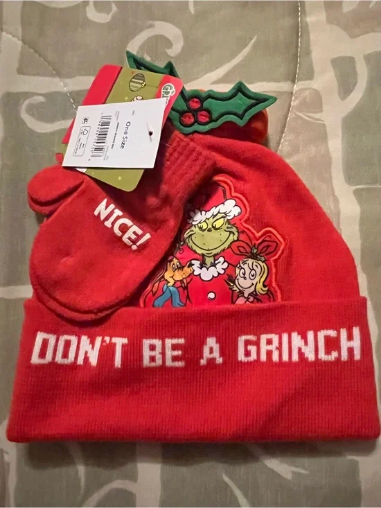 Kids Red Grinch Holiday Beanie with Matching Mittens