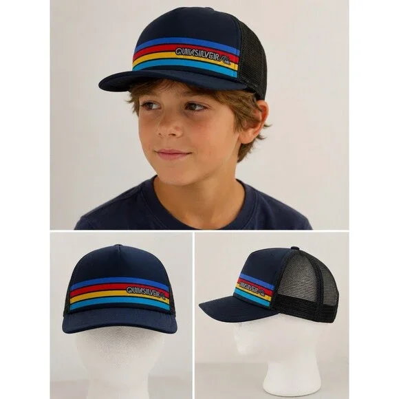 Quiksilver Kids Trucker Hat 53cm Navy Snapback Mesh Cap Retro Stripe Youth Surf