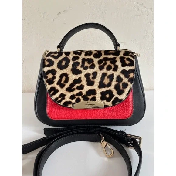 Kate Spade‎ RARE Leopard Calf Hair Red Black Leather Crossbody Satchel Bag