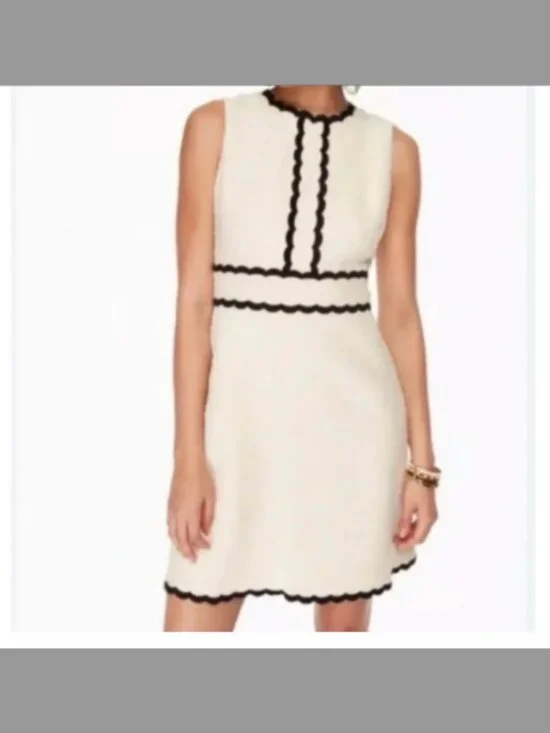 Kate Spade Scalloped Tweed Shift Dress Cream Black Trim Size 2
