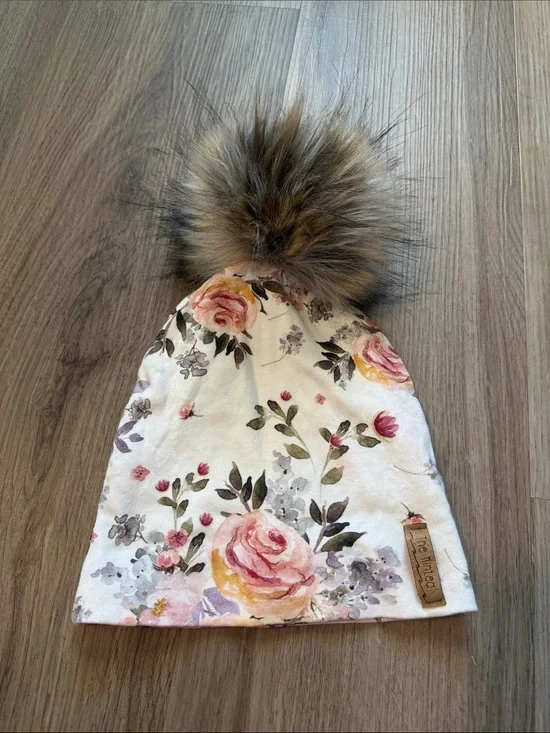Floral Kids Beanie with Faux Fur Pom - Pink & Cream