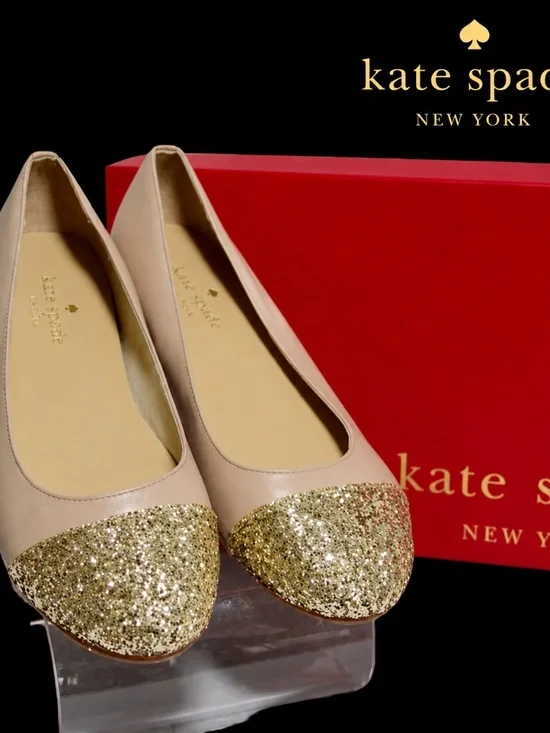 Kate Spade Nude New Gold Glitter Cap Toe Ballet Flats 🏷️ NWT