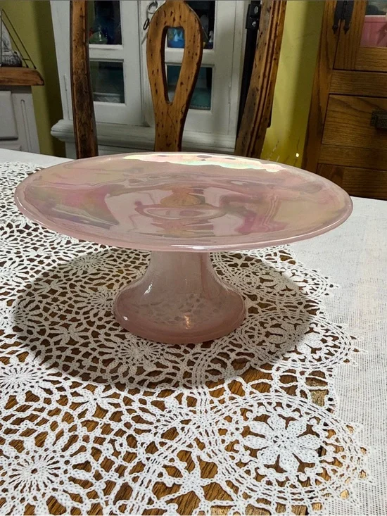 Pink Iridescent Glass Cake Stand