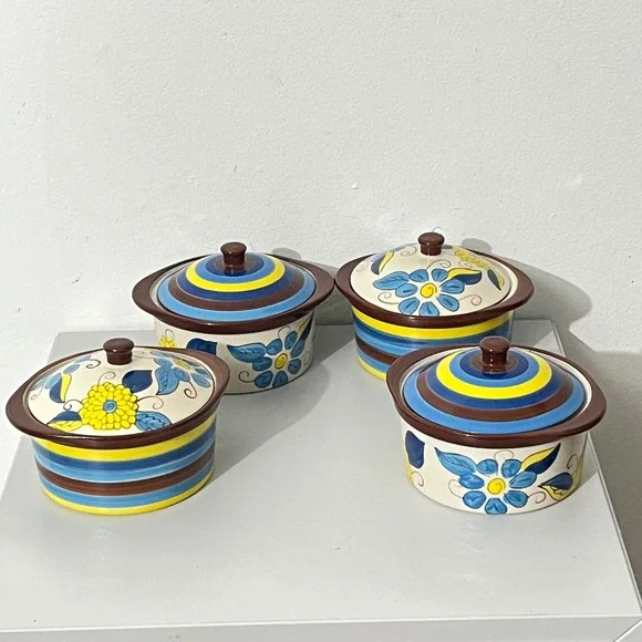 Temp-tations Ramekin Set  9 oz Blue Yellow Floral Ceramic Ovenware 4pc